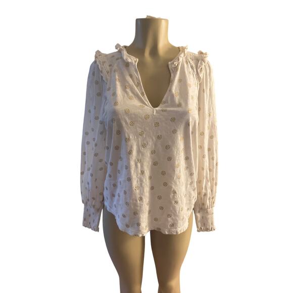 Women 8 Boden T1034 Notch Neck Smocked Frill Top Cream Gold Print Blouse Shirt - Picture 2 of 6